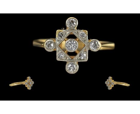 Art Deco 1930's Ladies 18ct Gold Diamond Set Dress Ring, Excellent Design / Form. The Small Diamonds of Pleasing Colour, Ring