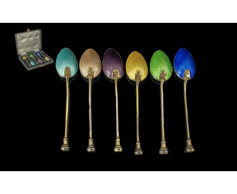 Elizabeth II - Fine Boxed Harlequin Set of Silver Gilt and Guilloche Enamel Teaspoons of Excellent Colours. Hallmark Birmingh