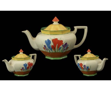 Clarice Cliff Art Deco Period Hand Painted Large Teapot ' Crocus ' Design on Cream Ground. c.1929. Size 6.5 Inches - 16.25 cm