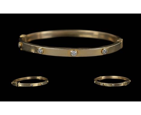 Cartier Style Ladies 9ct Gold Diamond Set Hinged Bangle. Marked 9.375. The Pave Set Diamonds ( 8 ) In Total of Good Colour / 