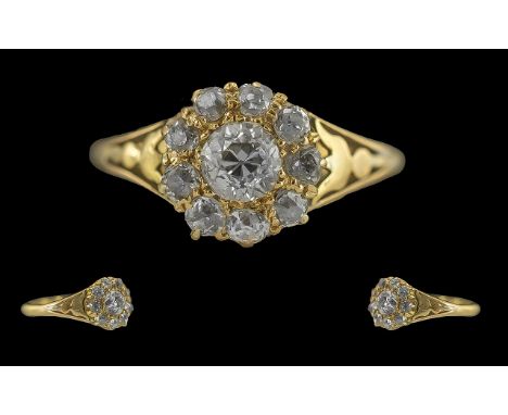 Ladies 18ct Gold Pleasing Diamond Set Cluster Ring, Full Hallmark to Interior of Shank, The Central Faceted Diamond Surrounde
