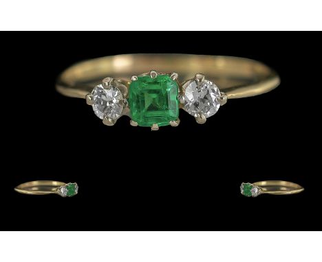 Ladies 18ct Gold Attractive and Petite 3 Stone Emerald and Diamond Set Ring, Tests 18ct Gold. The Emeralds of Good Colour, Fl