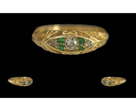 Antique Period Ladies 18ct Gold Diamond and Emerald Set Ring, Pave Set / Ornate Shank. Full Hallmark to Interior of Shank for