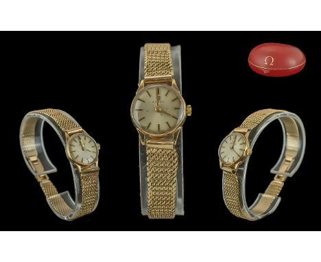 Omega Ladies 1970's 9ct Gold Mechanical Bracelet Watch. Marked 9.375. Excellent 9ct Gold Mesh Bracelet, With Omega Box. Total