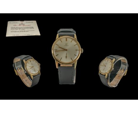 Omega Gents Gold on Steel Mechanical Wrist Watch. c.1960's. Features Pearl / Grey Dial, Subsidiary Dial, Gold Markers, Manuel