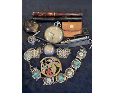 Mixed Box of Collectables, Includes Silver Photo Frames, Pens, Hip Flask, Silver Sovereign Case, Brooches etc. Interesting Lo