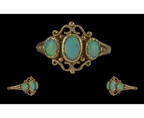 Ladies 9ct Gold Ornate 3 Stone Opal Set Ring, Full Hallmark to Interior of Shank. Well Matched Opals, Est Weight 2.00 cts, Ri