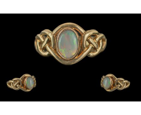 Ladies - Pleasing 9ct Gold Single Stone Opal Set Ring, Full Hallmark to Interior of Shank, The Oval Shaped Opal of Pleasing C