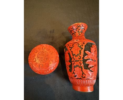 Cinnabar Small Lidded Box of Circular Form, Together with a Cinnabar Vase with Blue Interior, Approx Sizes - Vase 6,5 Inches 