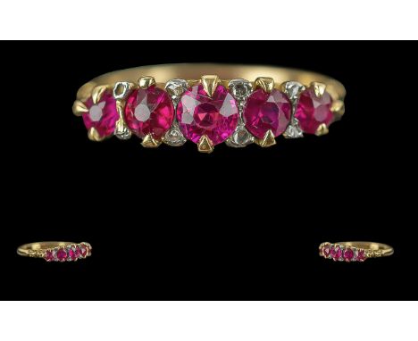 Antique Period Pleasing Quality 5 Stone Ruby and Diamond Set Ring, Raised Ornate Setting, Marked 18ct to Interior of Shank, T