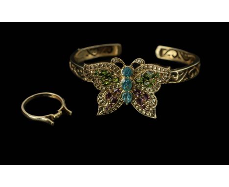 Three in One Butterfly Motif Bangle/ Ring/ Pendant, the butterfly, set with Russian diopside and rhodolite to the wings, with