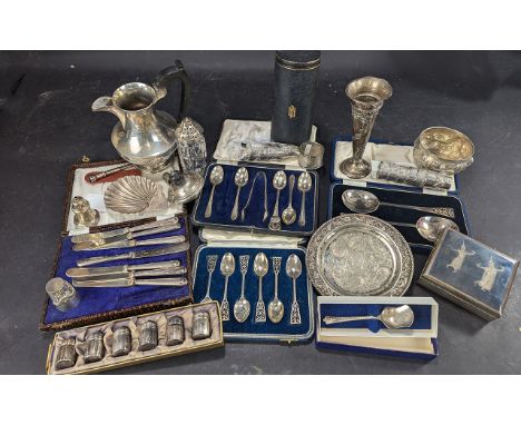 Mixed Lot of Silver & Plate, as found, to include a jug, christening jug, butter knives, teaspoons, serving spoons, cigarette