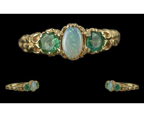Edwardian Period 1901 - 1910 Ladies Pleasing 14ct Gold Opal and Emerald Set Ring, Ornate Setting. Full Hallmark to Interior o