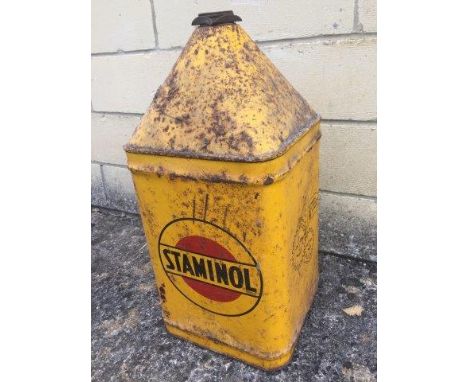 A Staminol Tractor Oil five gallon pyramid can.