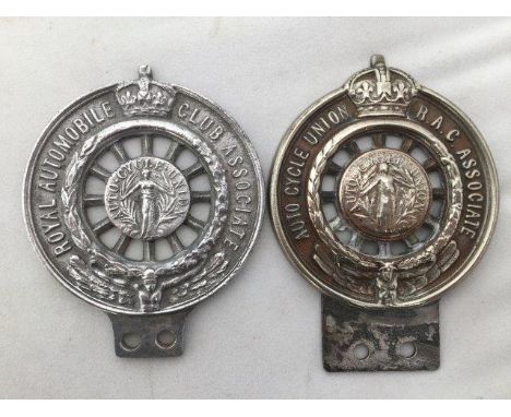 A rare Autocycle Union RAC Associate car badge, with attached bracket, and a Royal Automobile Associate car badge with Autocy