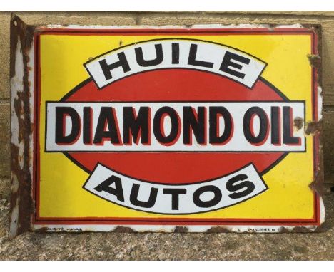 A French Diamond Oil rectangular double sided enamel sign with hanging flange, 19 3/4 x 14". 