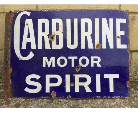 A Carburine Motor Spirit double sided enamel sign with hanging flange by Bruton of Palmers Green, 19 x 14". 