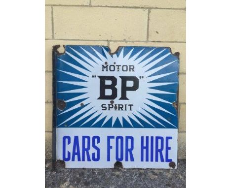 A rare Irish BP Motor Spirit 'Cars for Hire' enamel sign with hanging flange, 24 x 24".