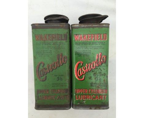 Two Wakefield Castrollo Upper Cylinder Lubricant square quart caddy cans, one with good gloss. 