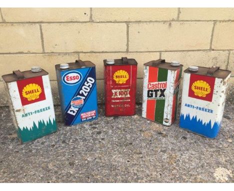 Five gallon cans to include Shell, Esso and Castrol. 