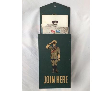 An RAC 'Join Here' painted hardboard leaflet holder with original maps and leaflets.