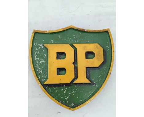 A cast aluminium BP shield shaped sign.