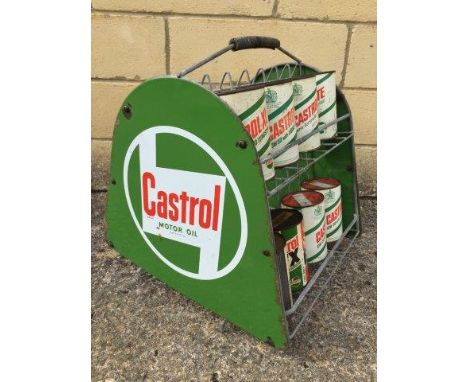A Castrol Motor Oil forecourt crate with enamel signs at each end and containing eight Castrol oil tins. 