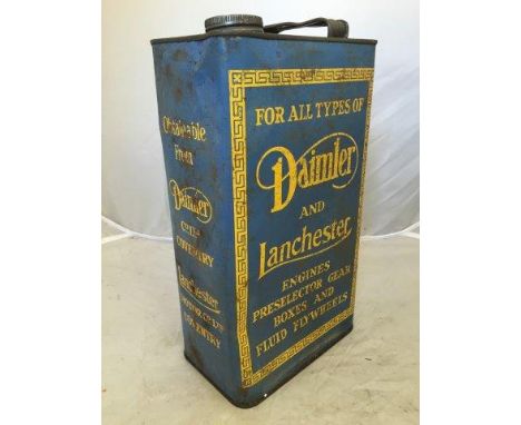 An unusual Daimler and Lanchester Engine Oil gallon can in blue and yellow livery.