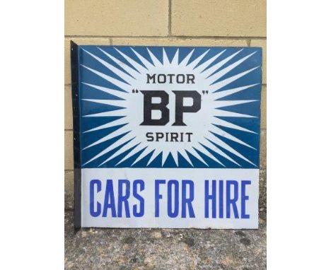 A rare Irish BP Motor Spirit double sided enamel sign with 'cars for hire' section below, with some professional restoration 