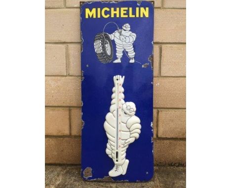 A Michelin enamel rectangular sign with space for pressure chart and applied thermometer, 13 x 32 1/2".