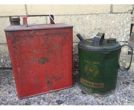A Shellmex and BP Limited lamp oil pouring can and a two gallon petrol can.