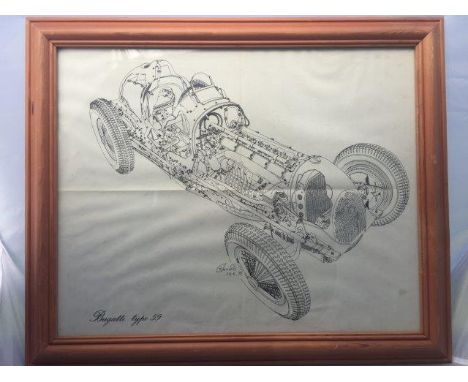 A framed and glazed cut-away print study of a Bugatti type 59 by R. Garraud, June 1972, 23 x 19"