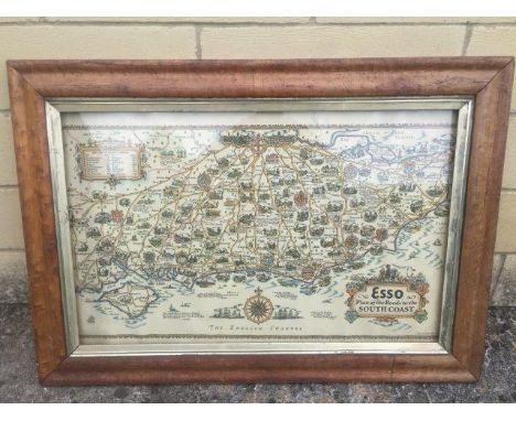 A maple framed and glazed Esso plan of the roads of the South Coast, 34 x 24". 