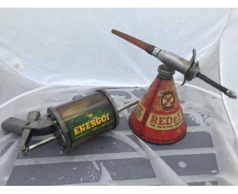 A BP Energol upper cylinder lubricant gun and a Redex upper cylinder lubricant gun.