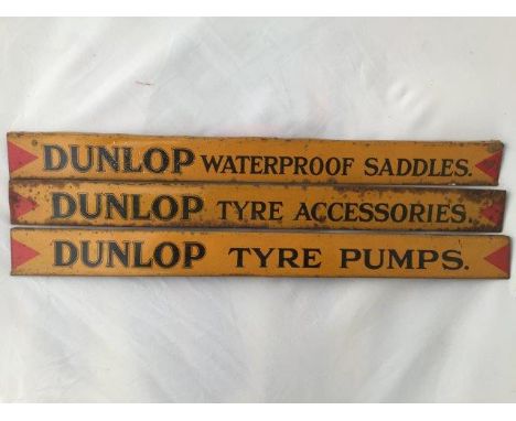 Three Dunlop shelf strips advertising tyre pumps, tyre accessories and waterproof saddles. 