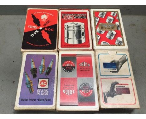 Six packs of playing cards all with motoring related advertising including Covmo and Heppolite pistons. 