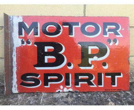 An early BP Motor Spirit double sided enamel sign with hanging flange by Bruton of Palmers Green, new flange awaiting finishi