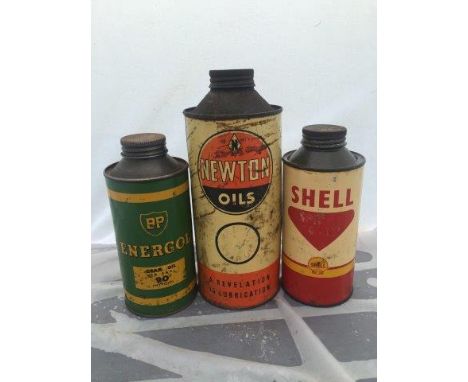 A Newton Oils quart cylindrical tin and two half quart cans advertising Shell and BP.