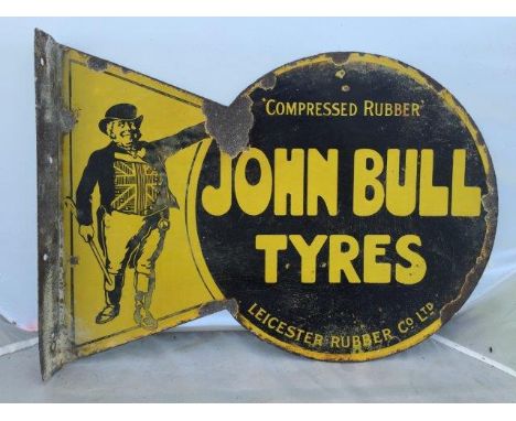 An unusual John Bull Tyres shaped double sided enamel sign with hanging flange, 18 x 13".
