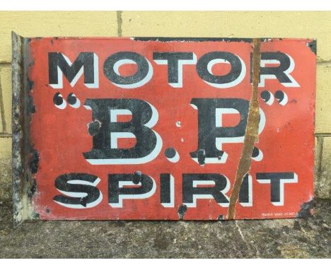 An early BP Motor Spirit double sided enamel sign in red and black livery with hanging flange by Franco, 24 x 15".