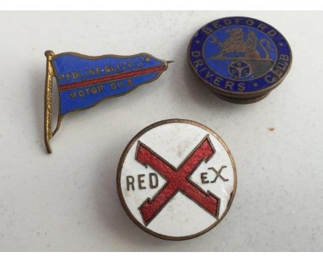 A Redline-Glico Motor Oils enamel lapel badge, a Bedford Driver's Club enamel badge, one for Redex four Fina promotional porc