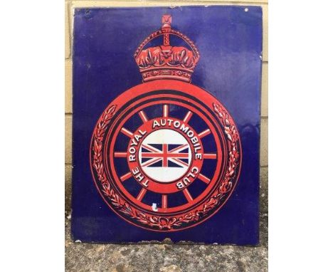 An early Royal Automobile Club double sided emblem hanging enamel sign with retouched fixing holes and restored patch to the 