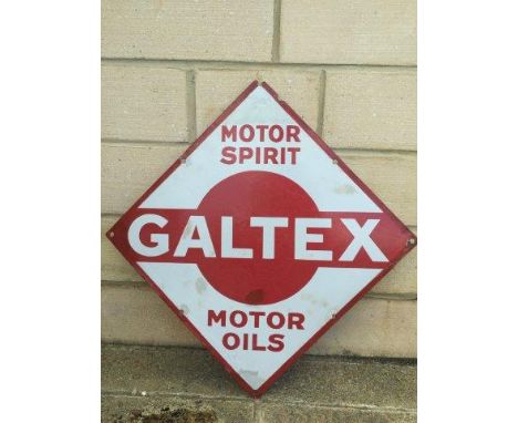 A rare Galtex Motor Spirit and Motor Oils lozenge shaped double sided hanging enamel sign, 25 1/4 x 25 1/4".