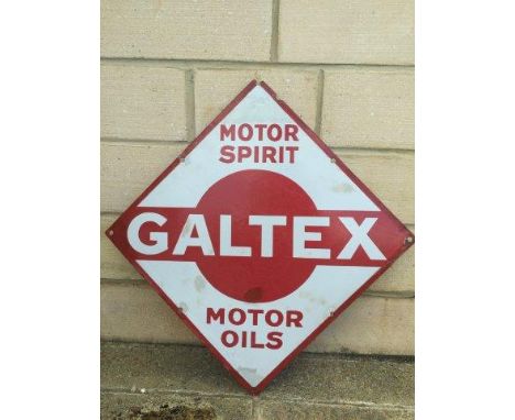 A rare Galtex Motor Spirit and Motor Oils lozenge shaped double sided hanging enamel sign, 25 1/4 x 25 1/4".