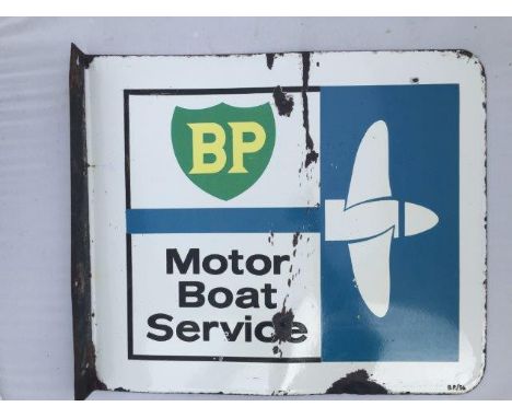 A BP Motor Boat Service double sided enamel sign with hanging flange dated 1956, 19 x 16 1/2".