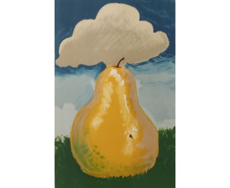 Man Ray, "Pear by Erik Satie"große, auf einer Wiese und unter einer einzelnen Wolke stehende Birne, Farblithographie von kraf