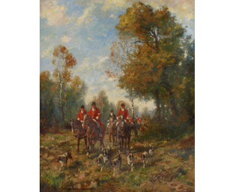 Karl Mohr, "Jagdgesellschaft auf Fuchshatz"spätsommerliche Waldlandschaft mit rot gekleideten Reitern und Hundemeute, bei der