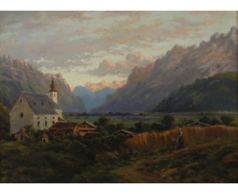Sommerliche Alpenlandschaft mit Kircheheimkehrende Bäuerin mit Kind am Feldrand, vor Dorfkulisse mit Kirche und steil aufrage