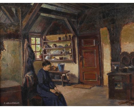 R. Kraushaar, In der Bauernstube in der Bauernstube sitzende und Kaffee mahlende Frau im blauen Kleid, Öl auf Leinwand, 1. Hä