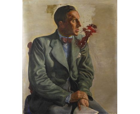 Portrait eines sitzenden Manneswohl Halbfigurenbildnis des Schriftstellers Ernst Jünger (1895-1998), mit Fliege und im grünem